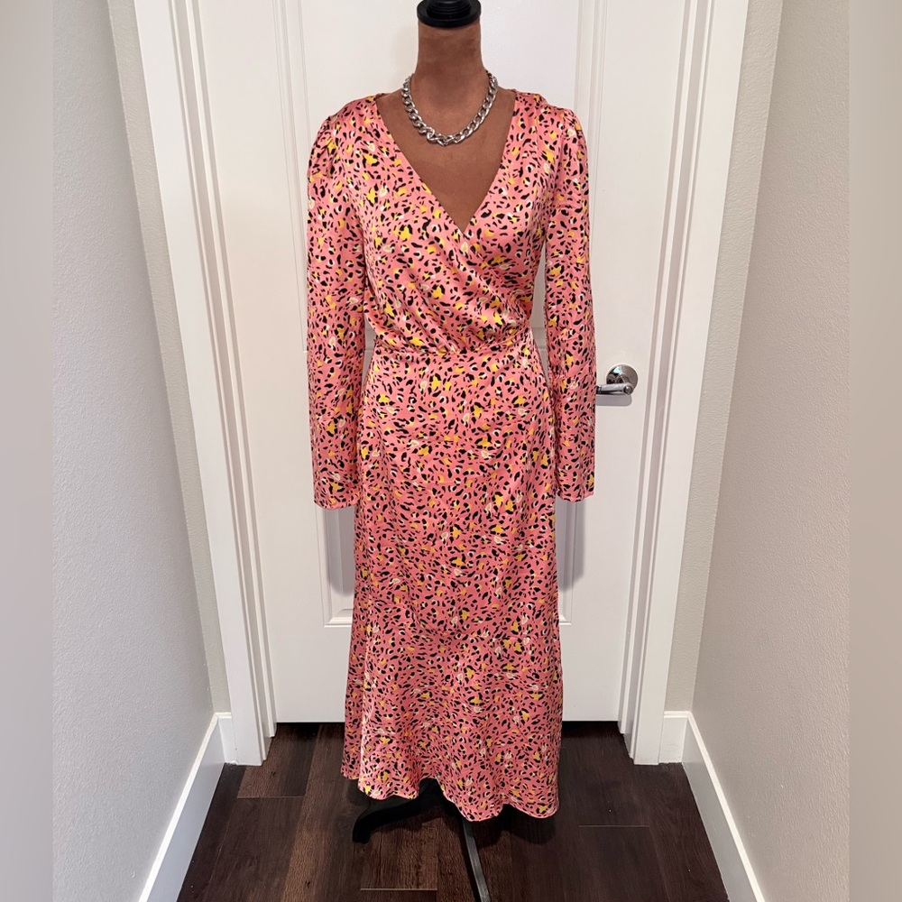 Pink Leopard Print Wrap Midi Dress | Long Sleeve V-Neck | Size XS